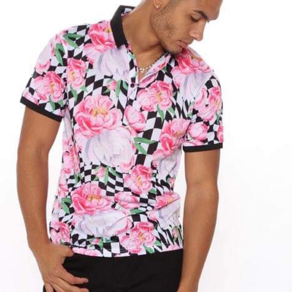 Fashion Nova Checkered Rose Print Polo